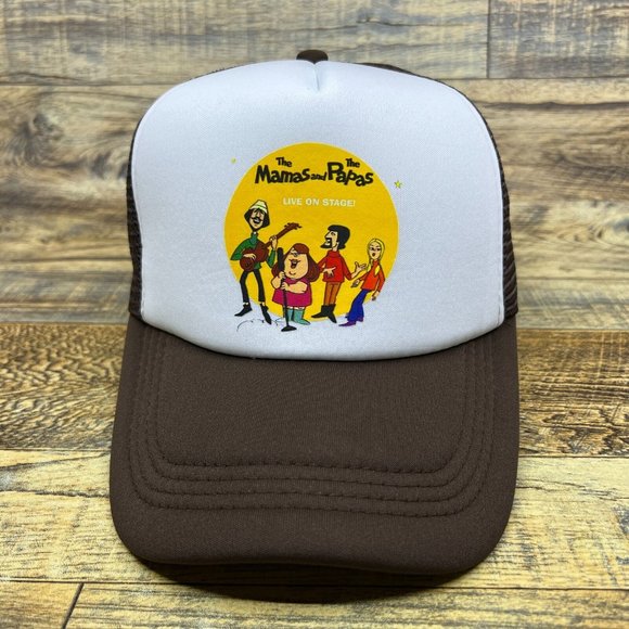 The Mamas And The Papas Mens Trucker Hat Brown Snapback 60s Folk Rock Ball Cap - Picture 2 of 8